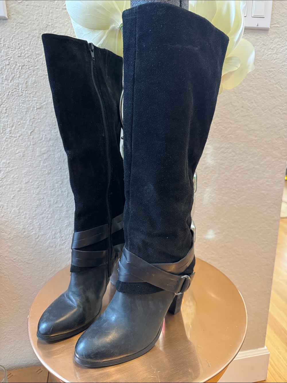 Carlos by Carlos Santana Black Leather & Suede Knee-High Heeled Boots